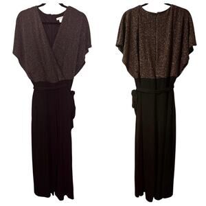 NWT London Times Metallic Black Gold Wide Leg Jumpsuit Holiday Party Batwing 14